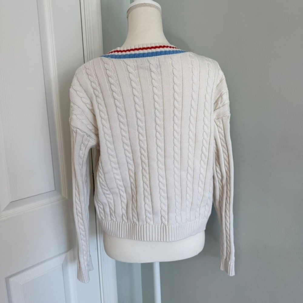 Prince Pickleball Cable Knit Cardigan Sweater Red Blue Trim Women's Size L VNeck - Picture 3 of 15